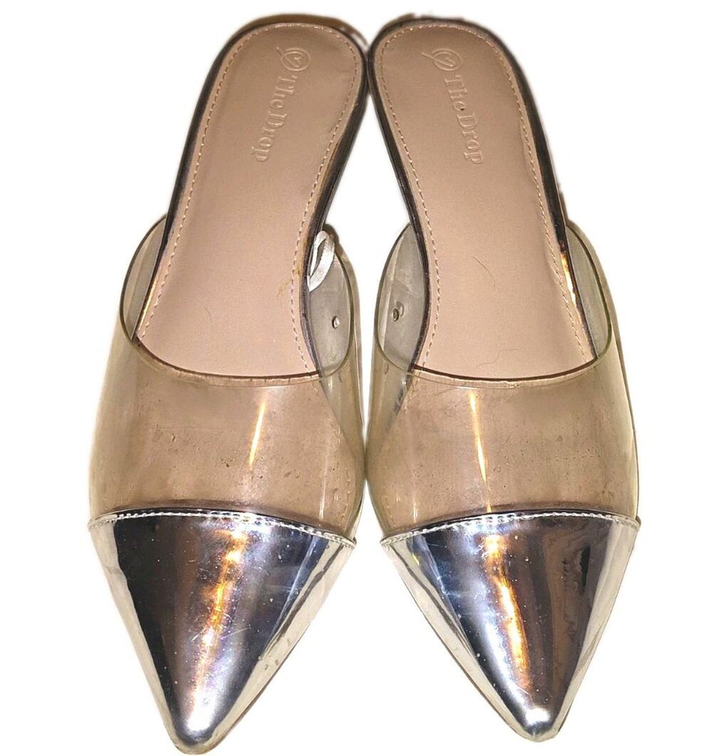 The Drop Clear/Silver Metallic Pointed Toe Kitten Heel Mules Slip On 7.5 Clear